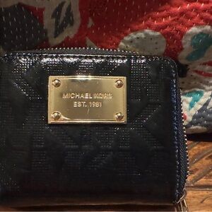 Michael Kors Black Quilted Zip-Around Card Case with Gold Plaque